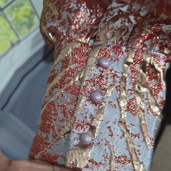 AKIRA Vibrant Red, Gold, and Sky Blue Brocade Patterned Top - Picture 7 of 7